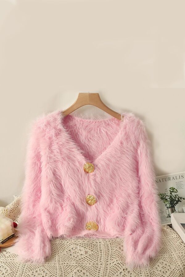 Gold Button Fuzzy Knit Cardigan