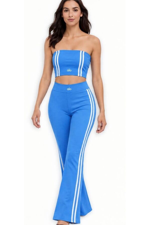 Sky Blue Strapless Cropped Printed Top With Side Striped Flare Trouser