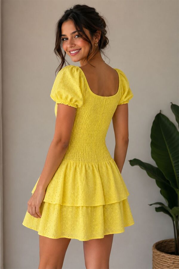 Tiered Ruffle V-Neck Eyelet Playsuit Mini Dress