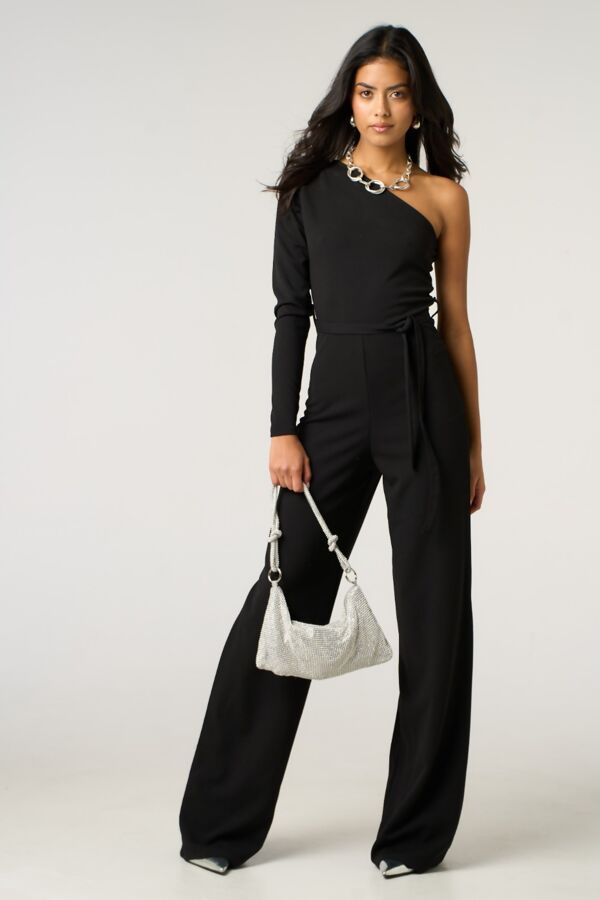 Black One Shoulder Long Sleeve Jumpsuit