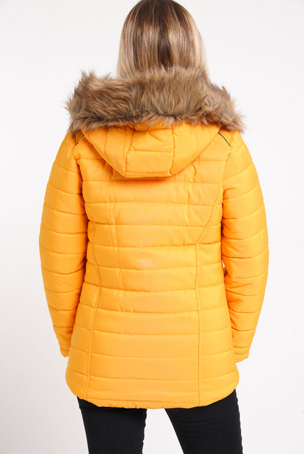 Wholesale Mustard Faux Fur Lined Hood Puffa Coat J5 Fashion
