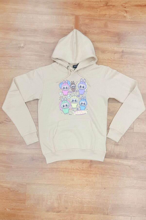Beige Oversized Printed Pullover Fleece Hoodie