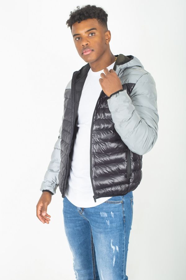 Wholesale Grey Reflective Panel Hooded Puffer Jacket