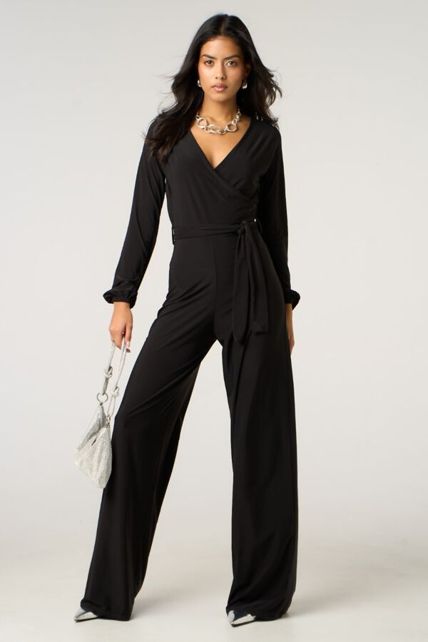 Black Plunge V Neck Wide Leg Jumpsuit