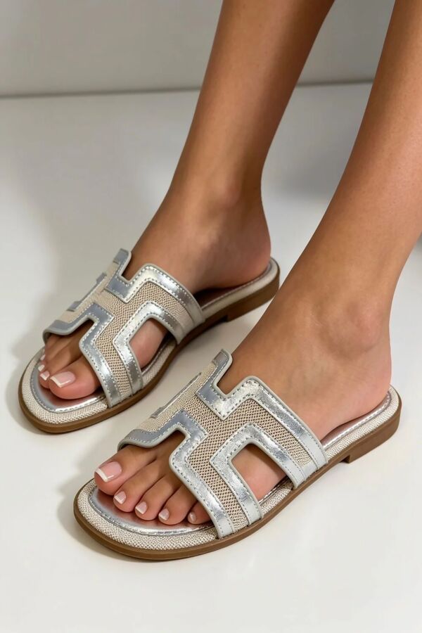 Silver Trim Flat Cut-Out Sandals