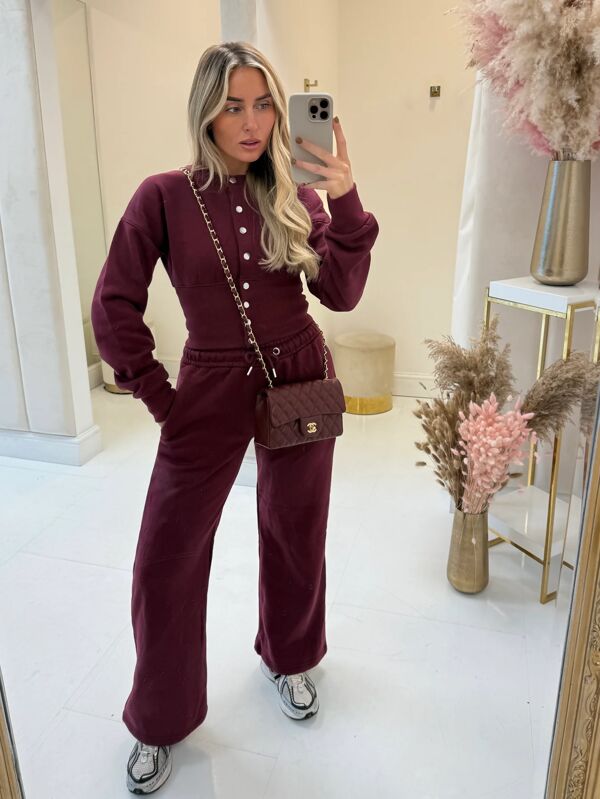 Wine Snap Buttons Corset Fit Sweatshirt With Wide Leg Trouser