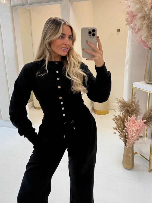 Black Snap Buttons Corset Fit Sweatshirt With Wide Leg Trouser