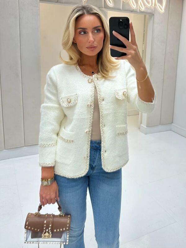 Contrast Long Sleeve Pearl Button Knitted Cardigan