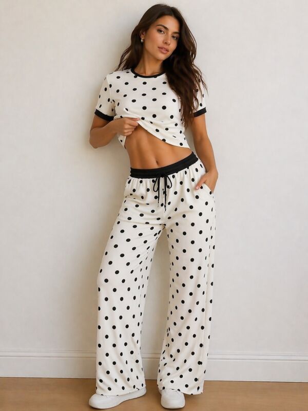 Contrast Waistband Polka Dot Trouser And Crop Top Co-Ord Set