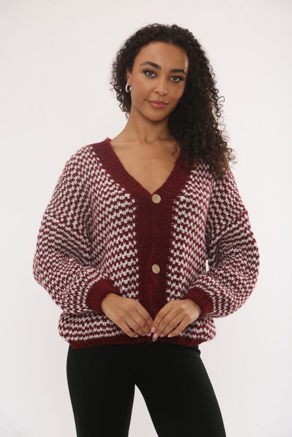 Chunky Knit Button Down Patterned V-Neck Cardigan