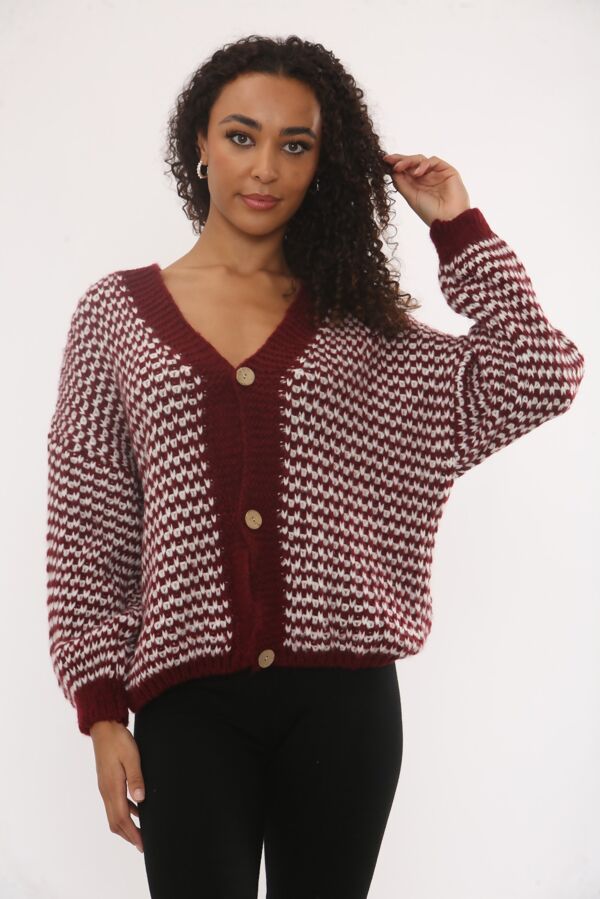 Chunky Knit Button Down Patterned V-Neck Cardigan