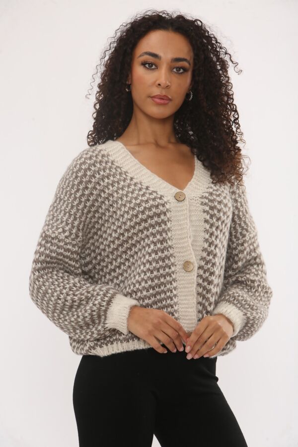 Chunky Knit Button Down Patterned V-Neck Cardigan