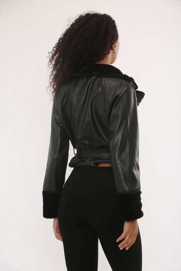 Faux Leather Cropped Belted Jacket With Fur Collar And Cuffs