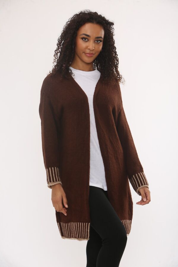 Casual Open Front Striped Details Mid Length Wool Cardigan
