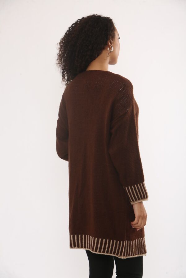 Casual Open Front Striped Details Mid Length Wool Cardigan