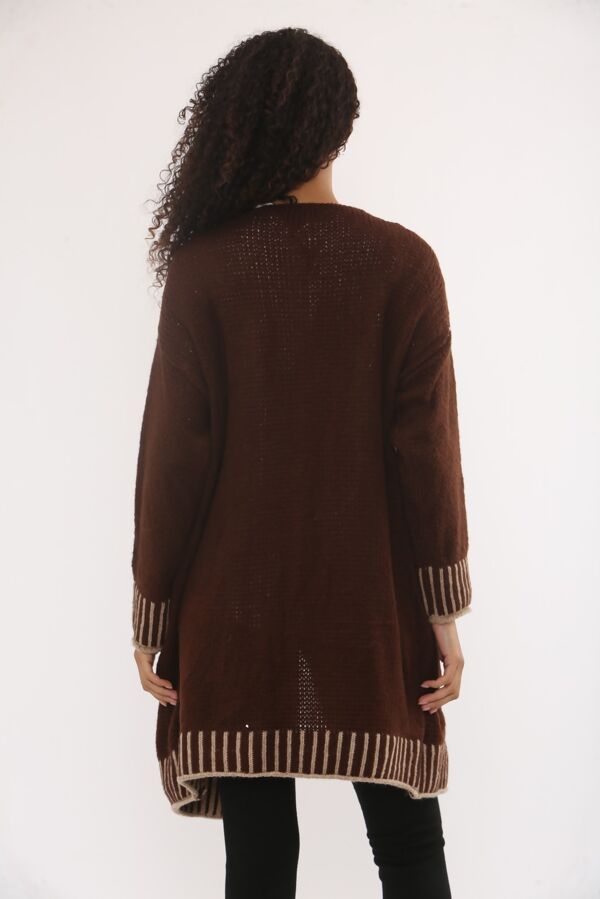 Casual Open Front Striped Details Mid Length Wool Cardigan