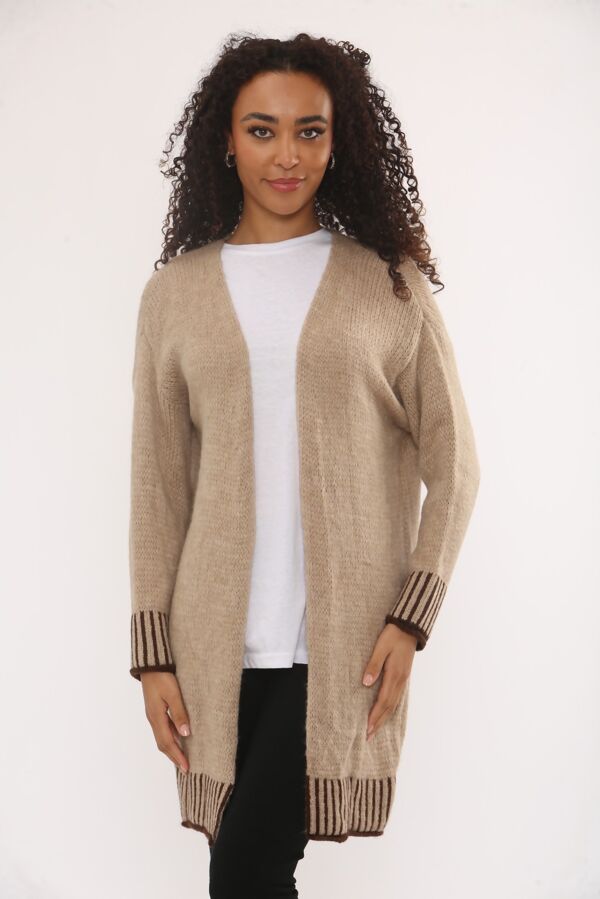 Casual Open Front Striped Details Mid Length Wool Cardigan