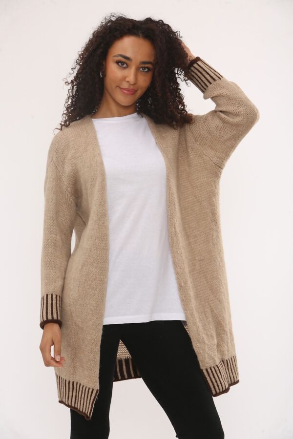 Casual Open Front Striped Details Mid Length Wool Cardigan