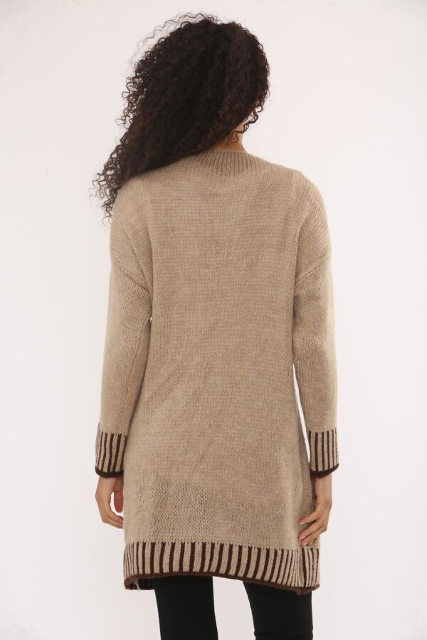 Casual Open Front Striped Details Mid Length Wool Cardigan