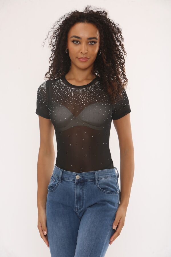 Black Diamante Bodysuit And Embellished Skirt Set