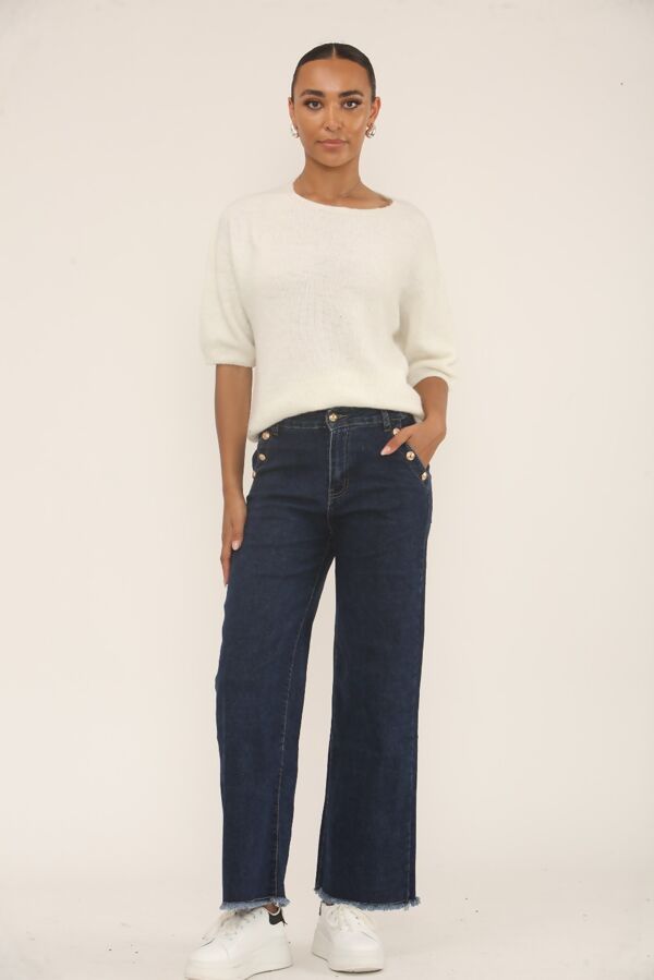 Dark Blue Gold Button With Raw Hem Jeans