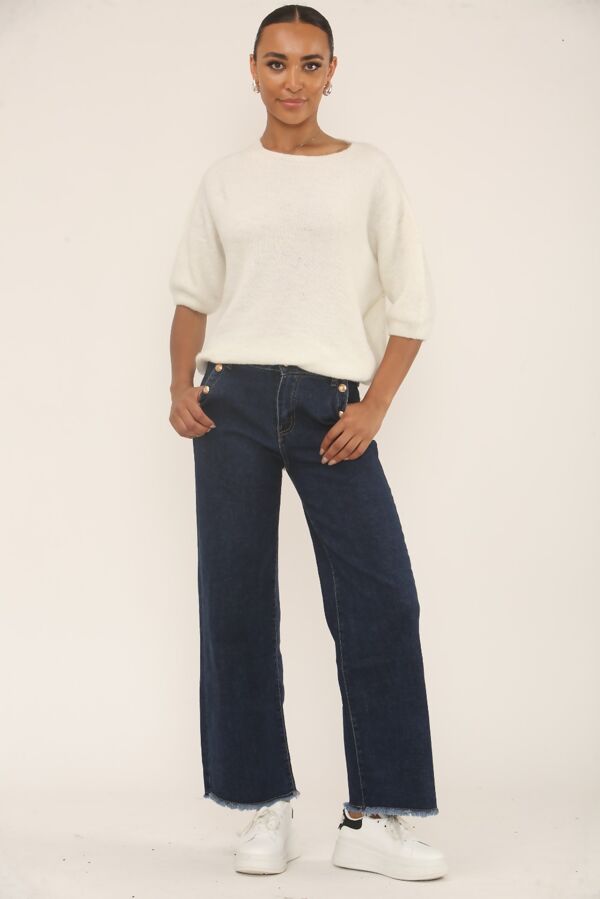 Dark Blue Gold Button With Raw Hem Jeans