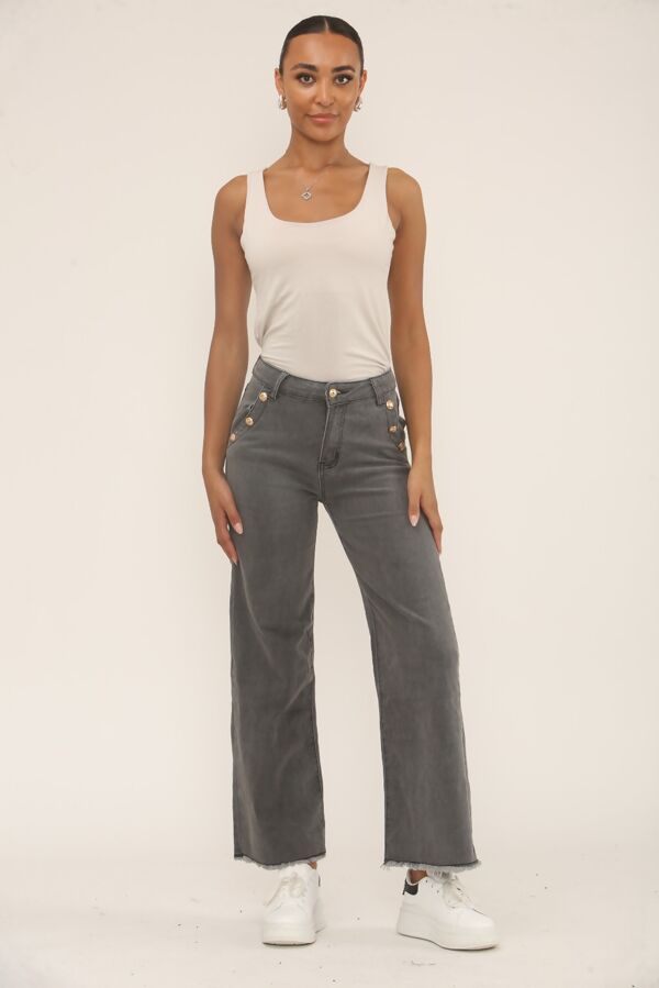 Grey Gold Button With Raw Hem Jeans