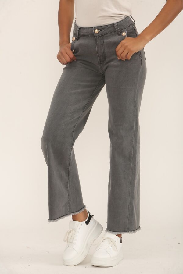 Grey Gold Button With Raw Hem Jeans