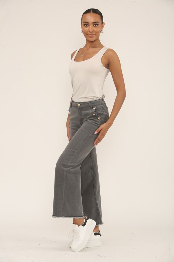 Grey Gold Button With Raw Hem Jeans