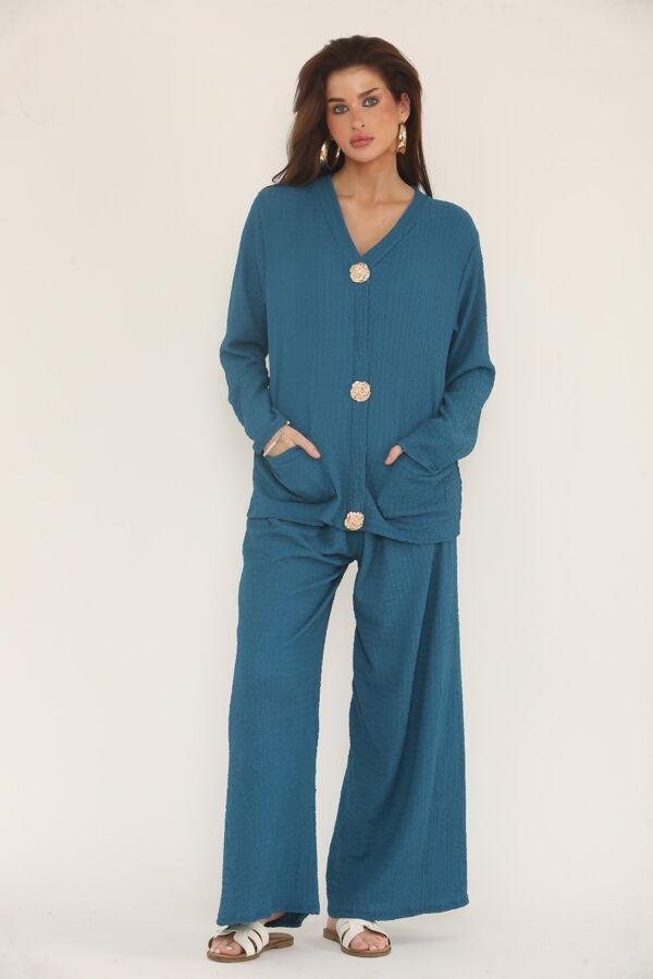 Cheesecloth Long Sleeve Gold Buttoned Top and Trousers Co-Ord Set