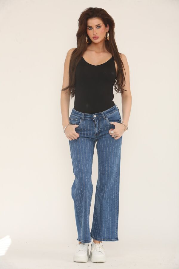 Blue Wide Leg Studded Stripe Jeans
