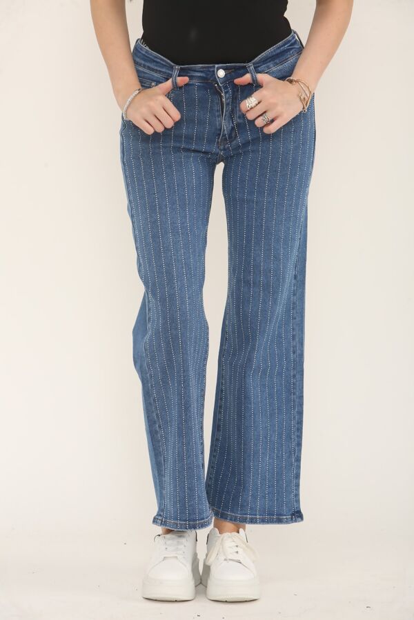 Blue Wide Leg Studded Stripe Jeans