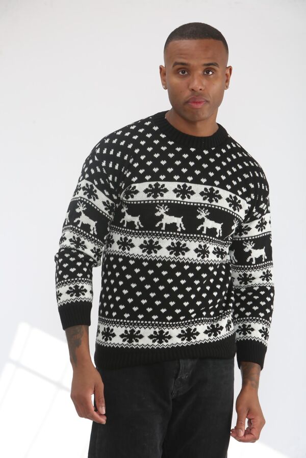 Black Snow Flake And Reindeers Christmas Jumper