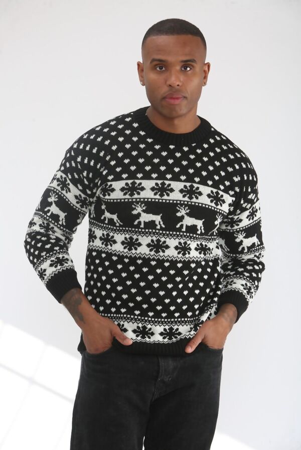 Plus Size Black Snow Flake And Reindeer Christmas Jumper