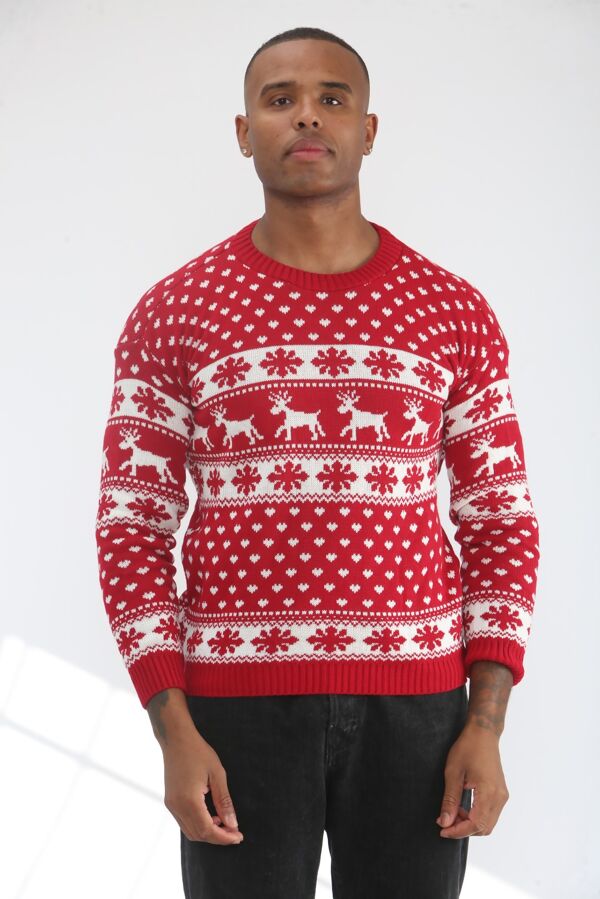 Red Snow Flake And Reindeer Christmas Jumper