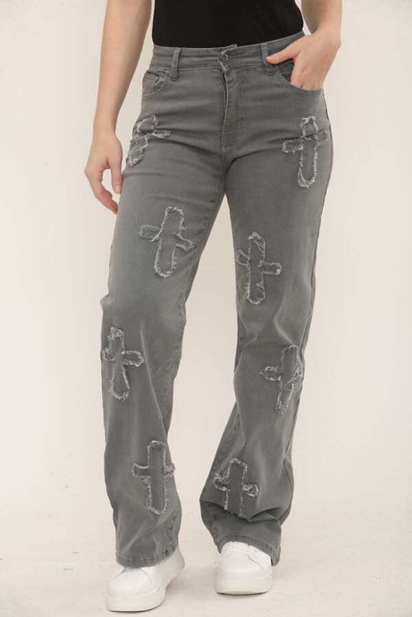 Grey Wide Leg Distressed Cross Patch Denim Jeans