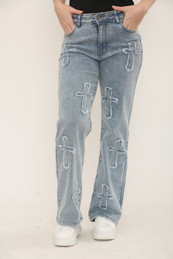 Blue Wide Leg Distressed Cross Patch Denim Jeans