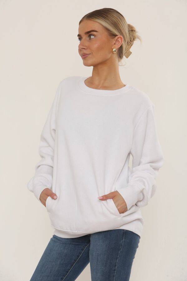 White Long Sleeve Casual Crewneck Loose Fit Sweatshirt
