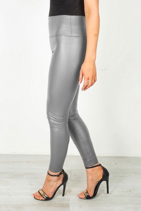 Silver Grey Leather Look High Waist Leggings