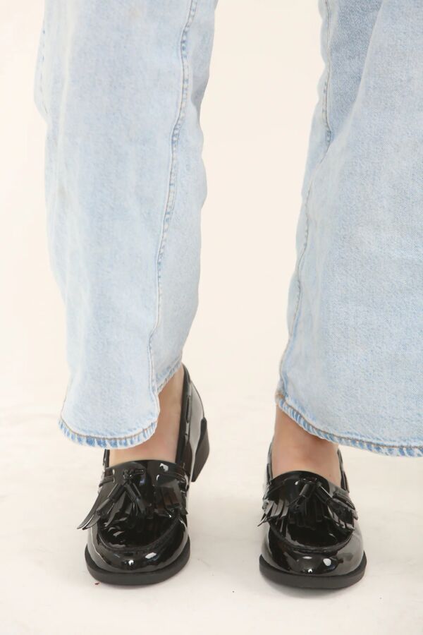 Black Patent Slip On Fringe Tassel Loafer