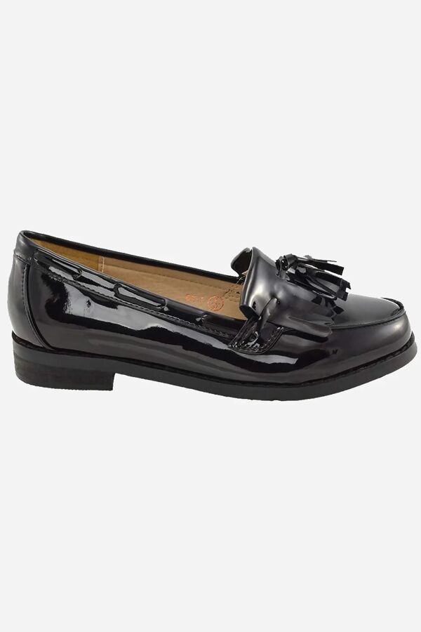 Black Patent Slip On Fringe Tassel Loafer