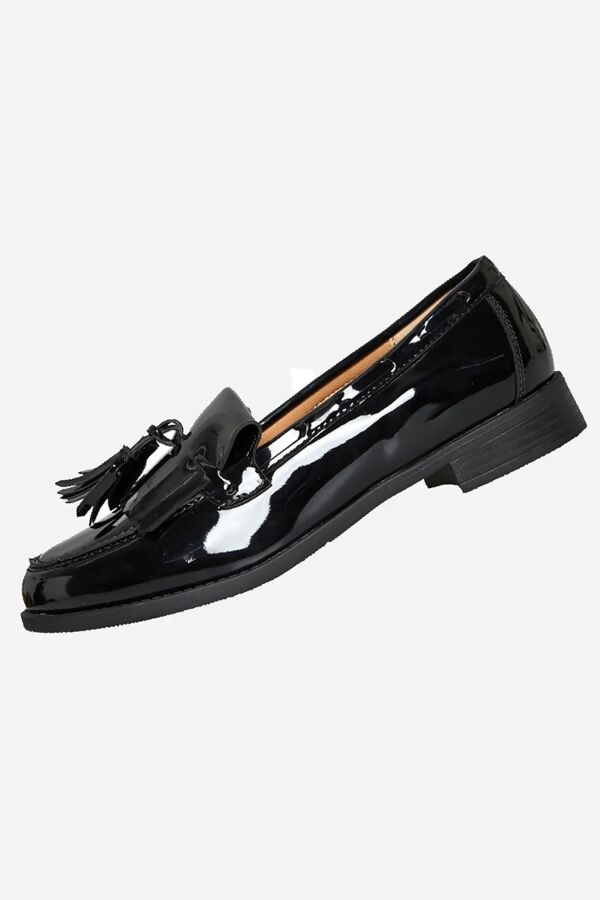 Black Patent Slip On Fringe Tassel Loafer