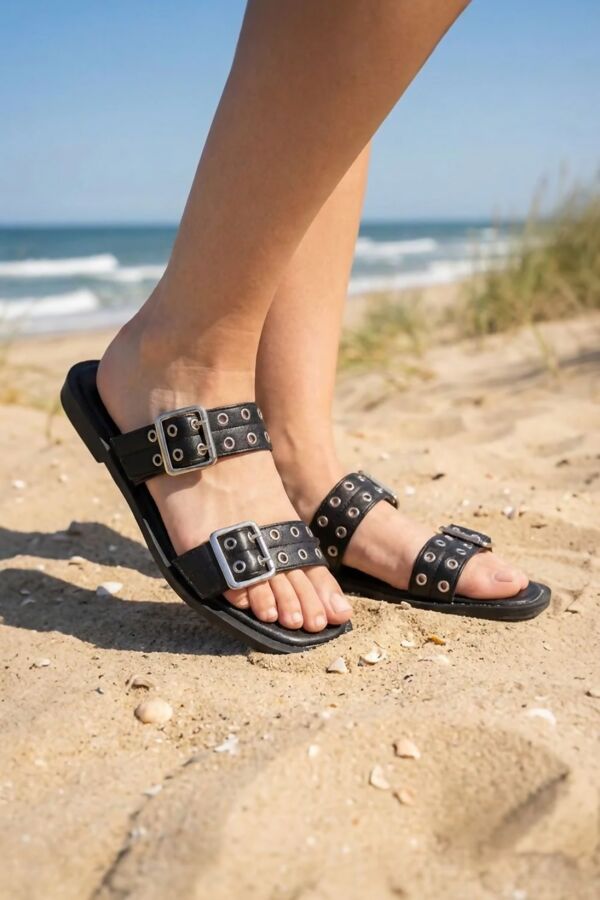 Black Pu Double Buckle Slide Sandals Summer Comfort Flats