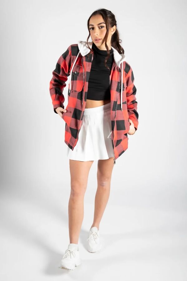 Red Check Shacket With Hood
