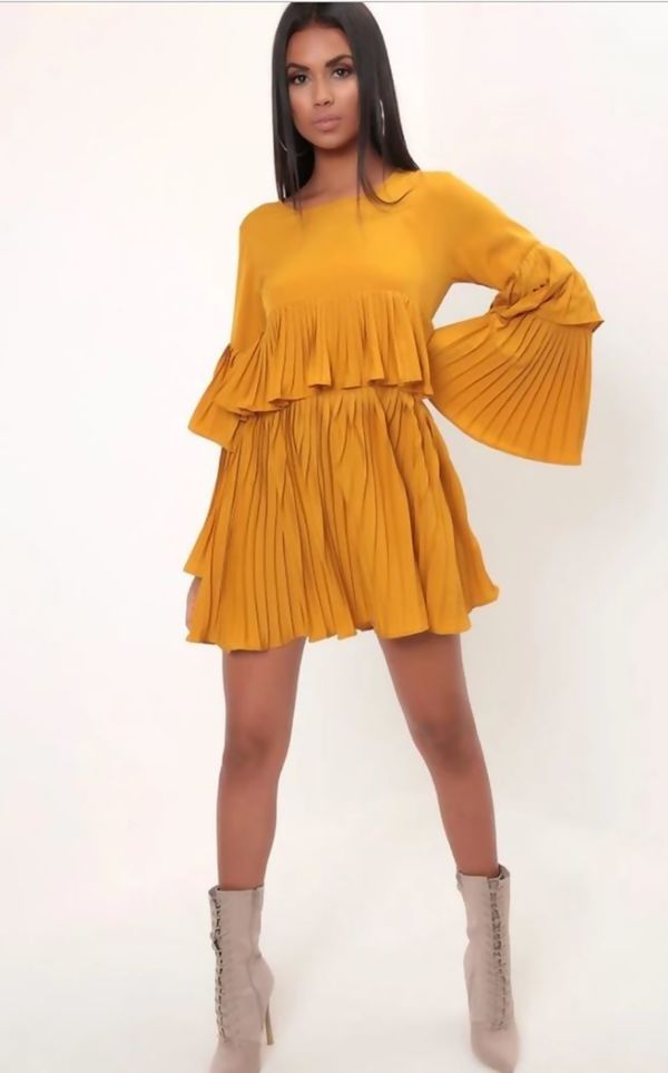 Mustard Pleated Ruffle Mini Dress