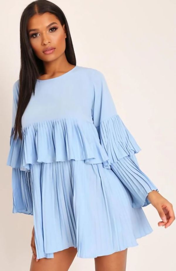 Mustard Pleated Ruffle Mini Dress