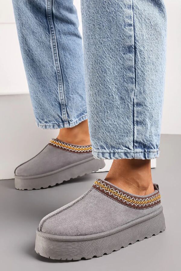 Grey Embroidered Fluffy Platform Detail Faux Fur Lined Ankle Boots