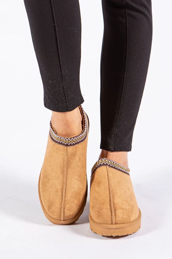 Chestnut Faux Suede Embroidered Fluffy Slippers Boots