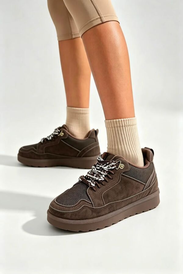 Brown Suede Faux Fur Lined Lace-up Low Top Trainers