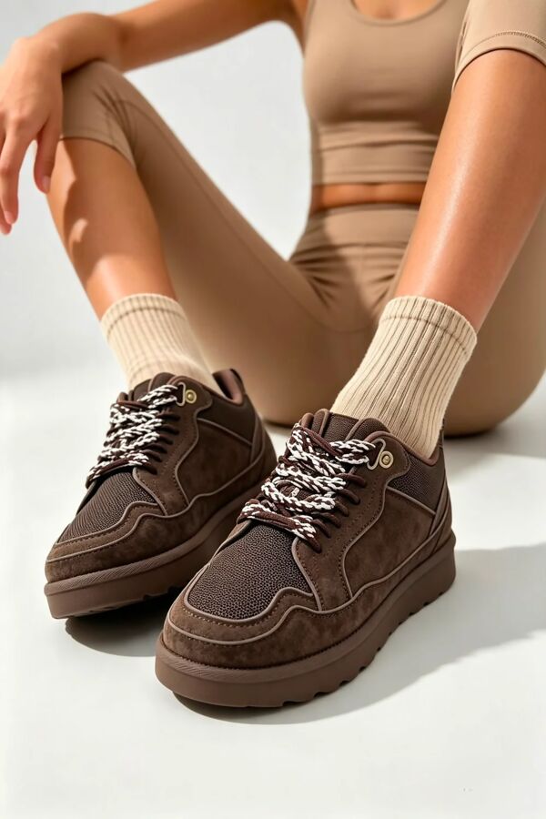 Brown Suede Faux Fur Lined Lace-up Low Top Trainers